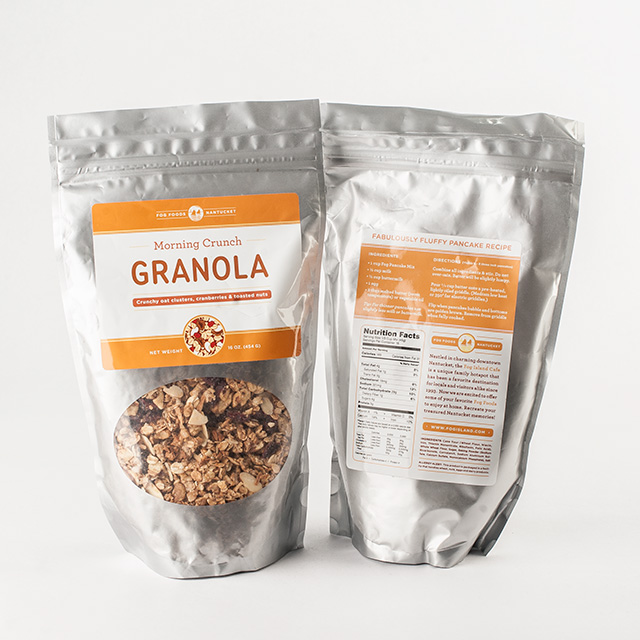 Two bags of granola displaying both front and back labels.