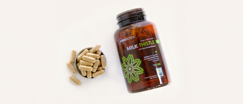 Milk Thistle supplement in an amber bottle.