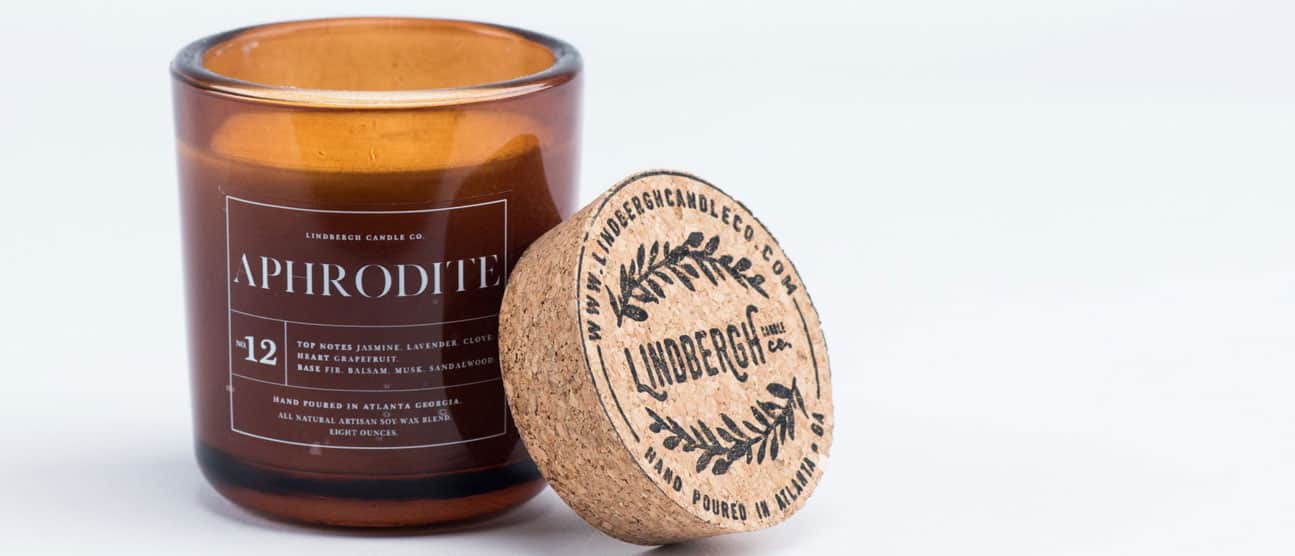 Lindbergh Candle Co artisan candle with stamped cork lid