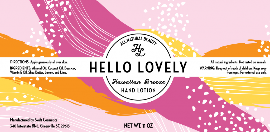 A mockup example of a compliant hand lotion label with the fictional company name "Hello Lovely."