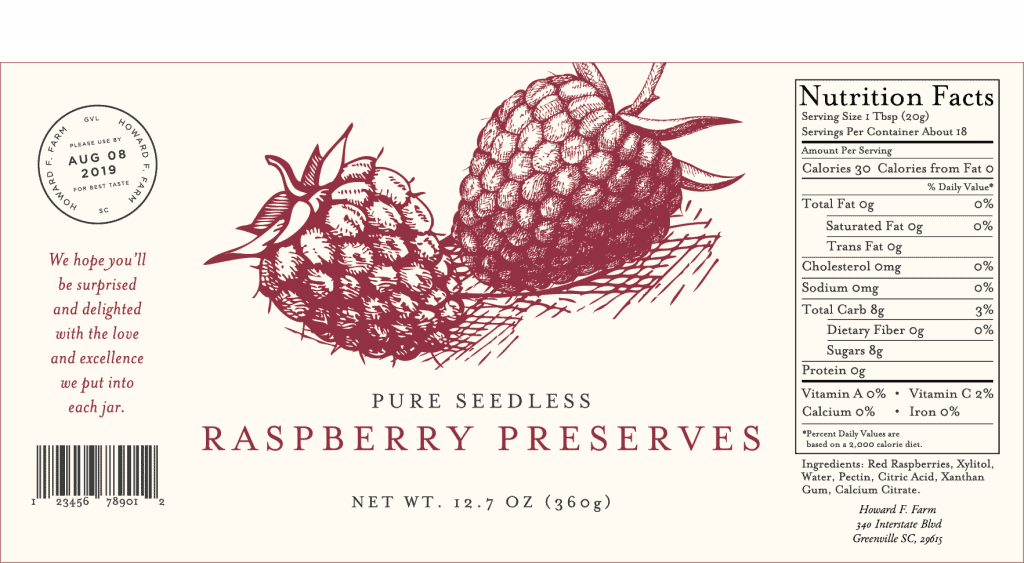 A mockup of a label for raspberry preserves that includes FDA required information.