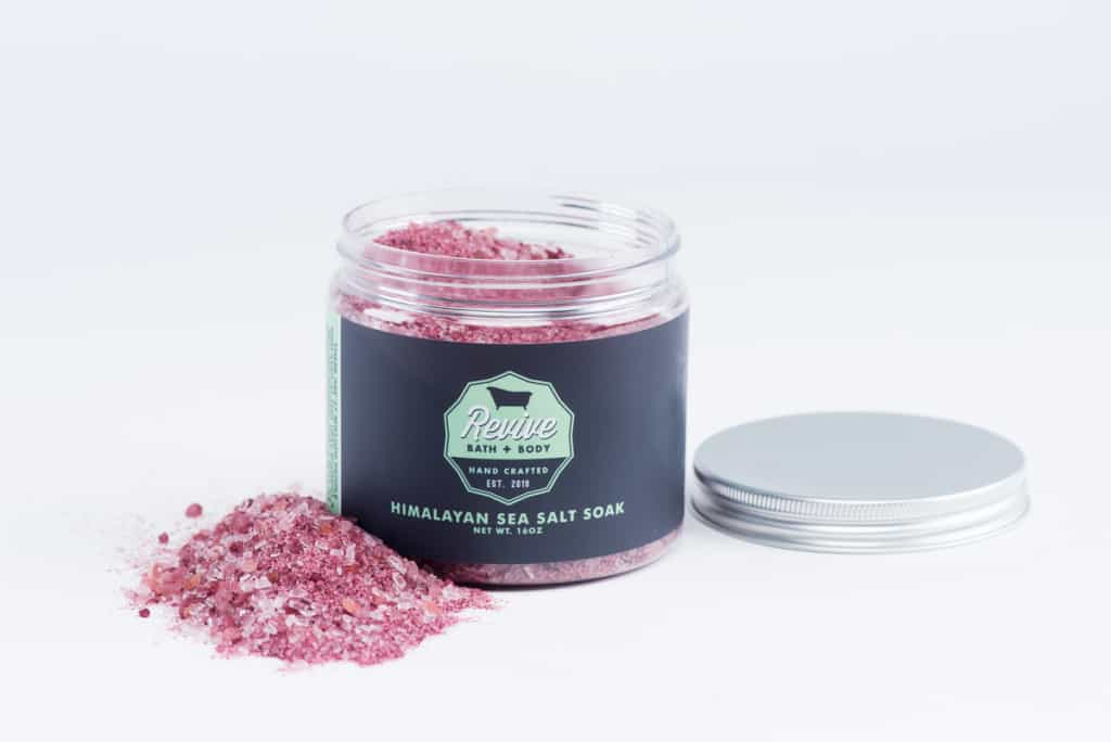 White BOPP labels on pink Himalayan bath salt product.