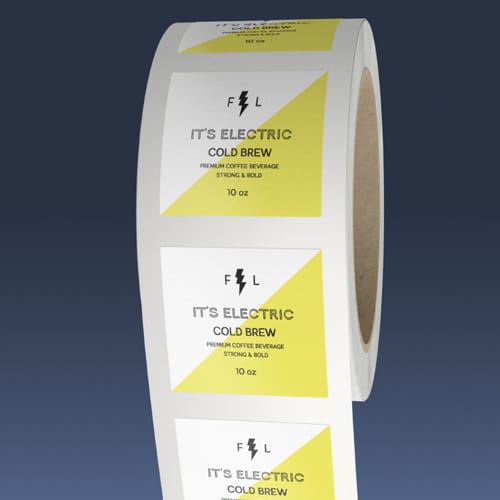 Label roll mockup showing roll direction number two. The bottom edge of the design comes off the roll first.