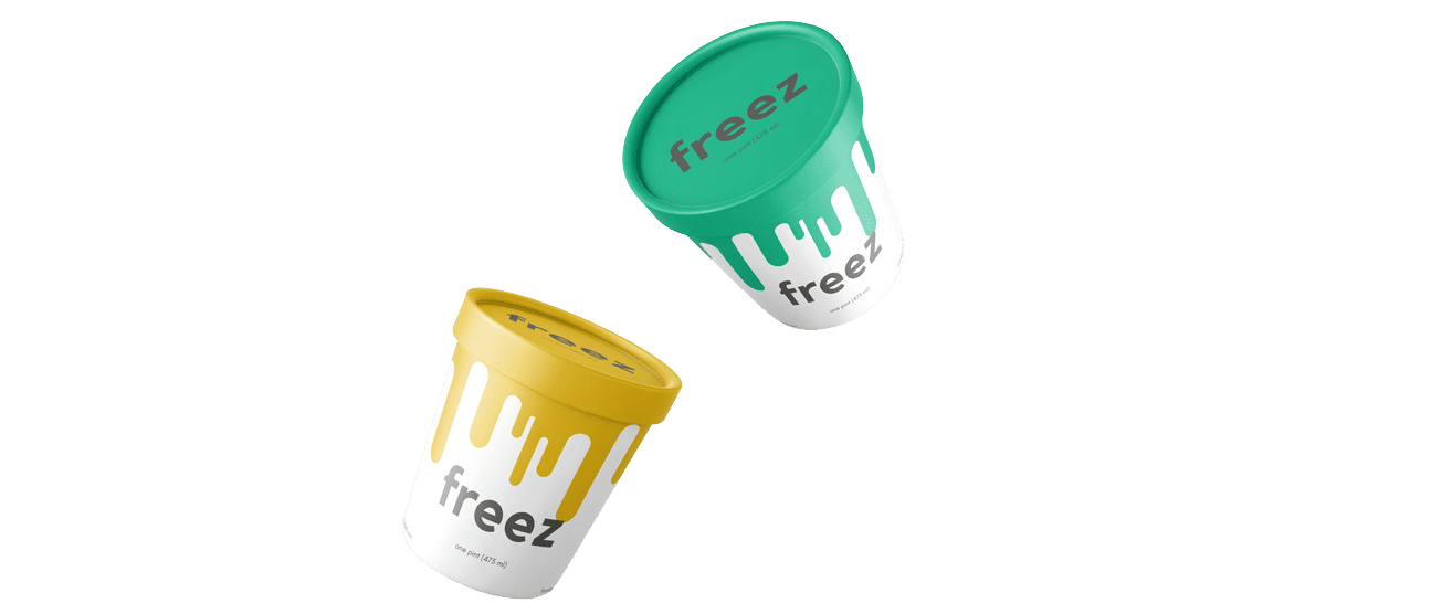 Two floating ice cream containers with vibrant custom tapered labels.
