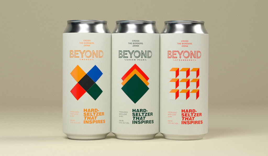 Product shot of Beyond hard seltzers. The hard seltzer labels include color blocked geometric designs.