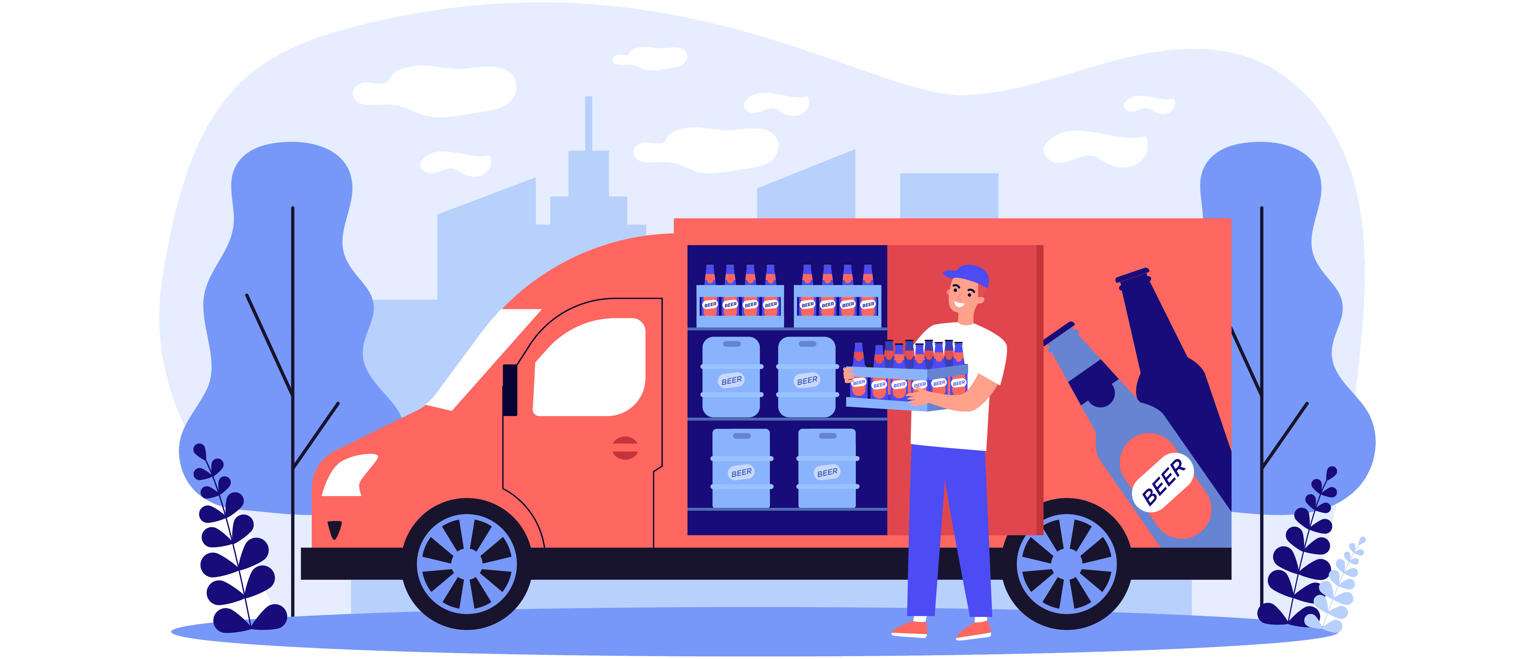 Illustration of a delivery man loading a truck with a shipment of beer.
