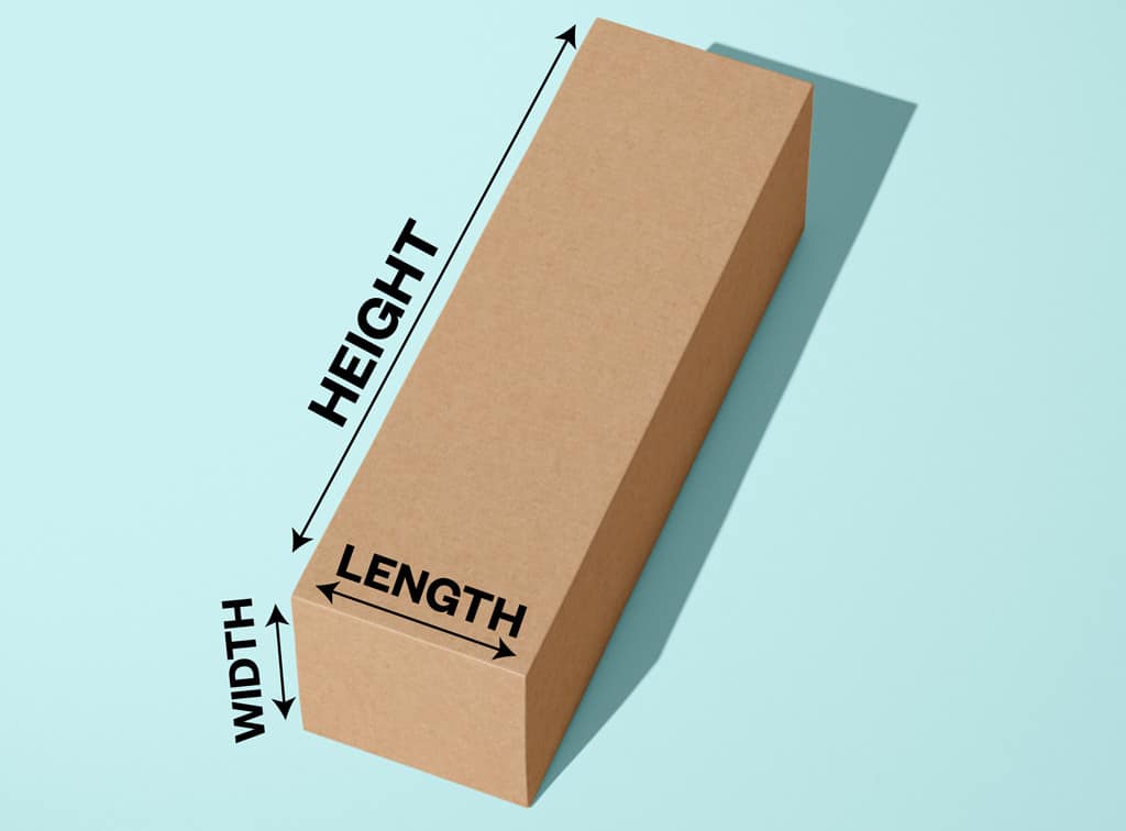 A kraft product box with the length, width, and height indicated with arrows. The length of the box is the longest side facing you. The width of the box is the shortest side perpendicular to the length. And last but not least, the height is the longest side perpendicular to the length.