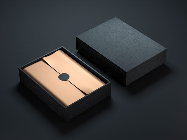example of black rigid box with gold paper for luxury packaging