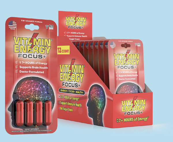 product display for vitamin supplements for energy and focus