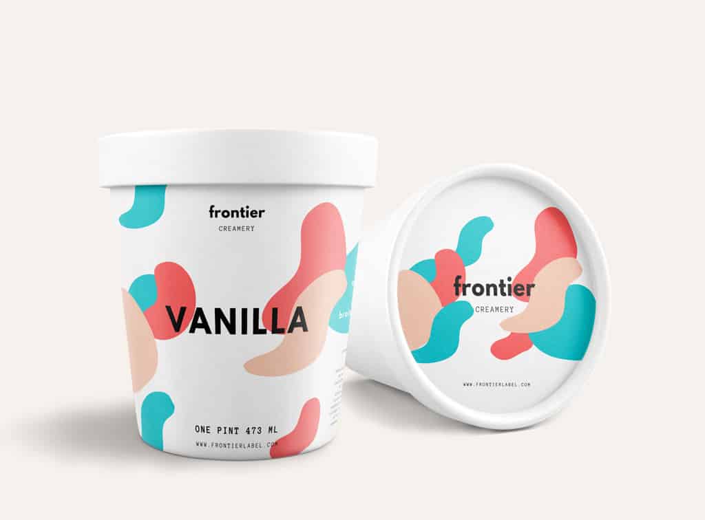 Two cartons of vanilla ice cream with a brightly colored label.