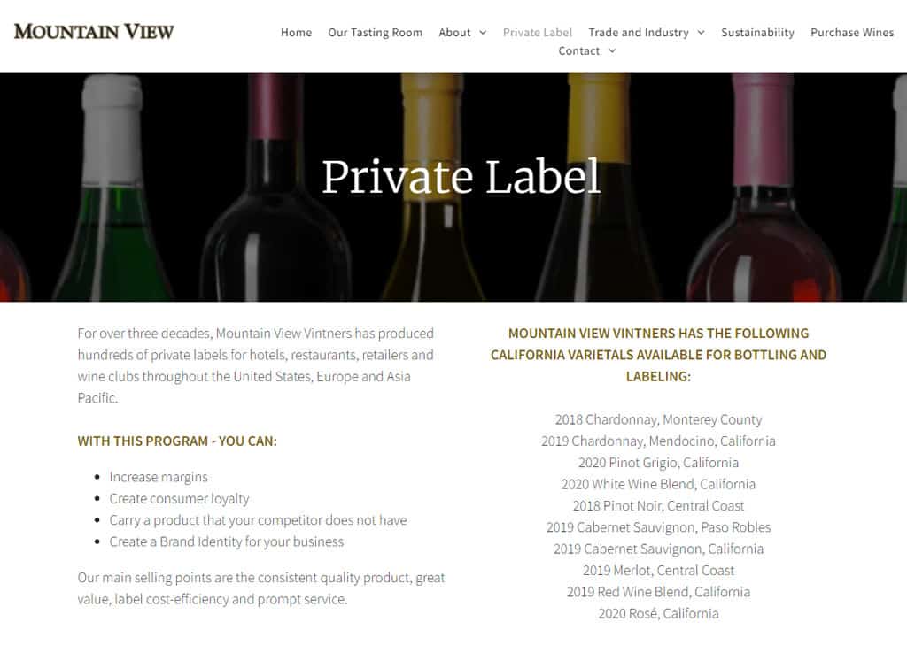 Screenshot of the Mountain View private label wines webpage.