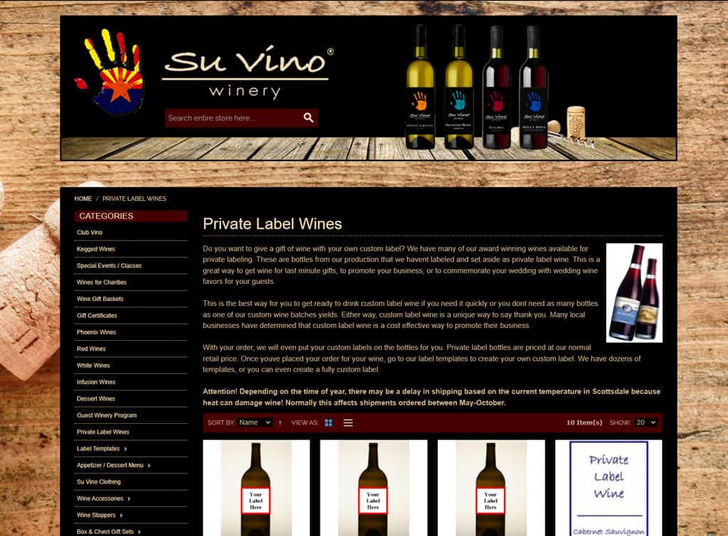 Screenshot of Su Vino Winery private label wines webpage.