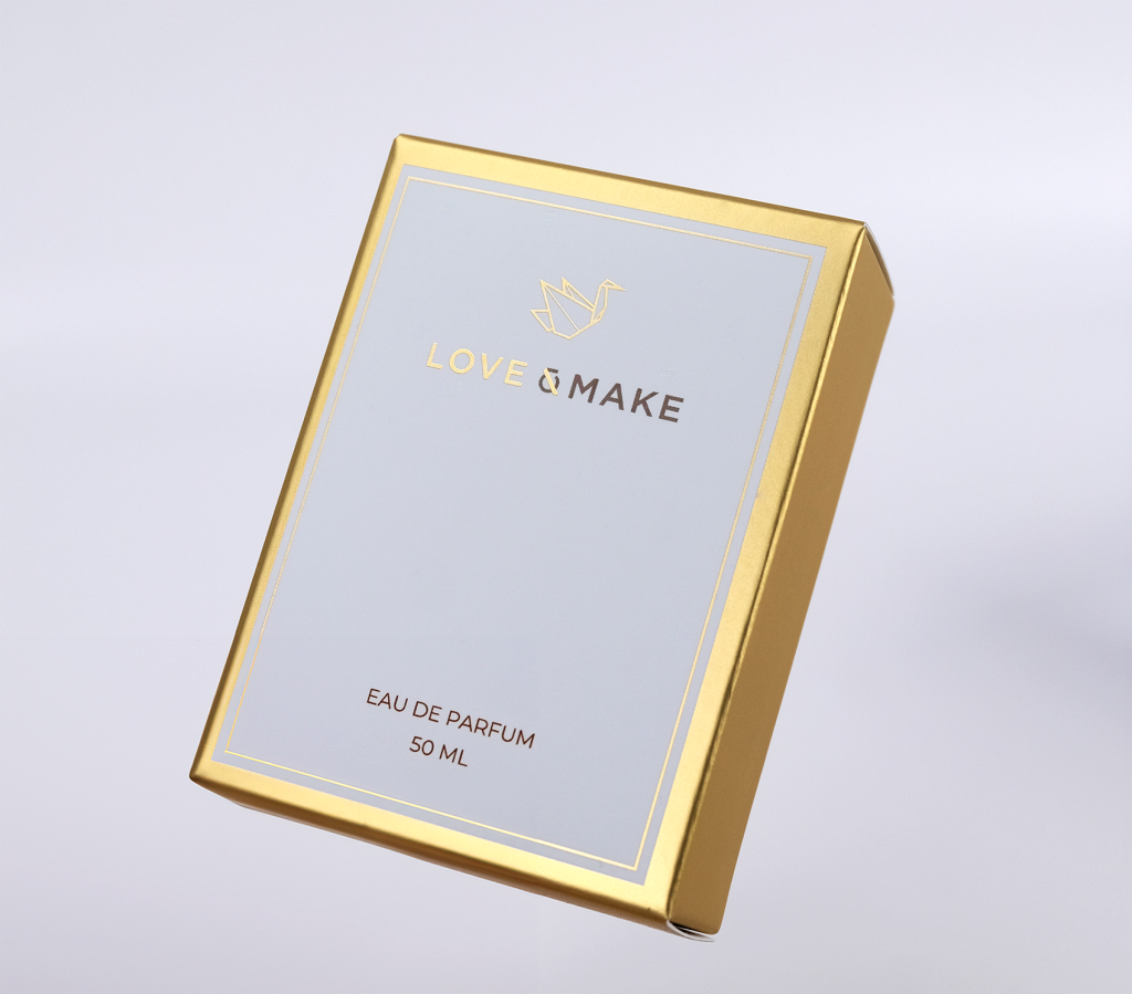 Metallic gold custom perfume carton printed for Love & Make