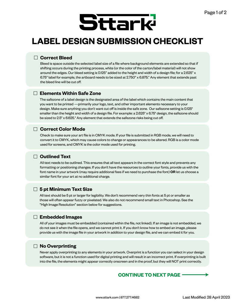 Sttark Labels Artwork Checklist