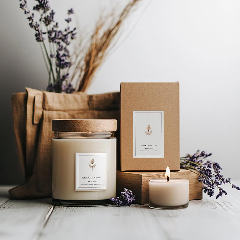 candle with label next to brown candle box